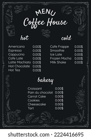 Vector menu for coffee shop. Coffee price list on black background