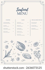 Vector menu cover, line art illustration, seafood, graphic sea food, style of old engraving, vintage, realistic Fish. Sea shell. Great for menu designs, food branding, summer designs
