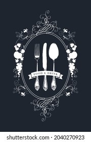 Vector menu decorated with a beautiful antique cutlery and floral ornaments in oval frame with fruits on a black background. Black-white menu template in Baroque style for restaurant with fine cuisine