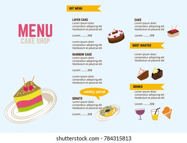 Vector menu design for cakehouse, bakery, restaurant and cafe.Graphic design poster for bakery cakes or cupcakes, cheesecake, tiramisu and brownie tortes, pudding,rainbow cake. elegance in blue colou