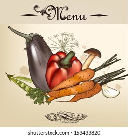 Vector menu design with different foodstuffs  drawing in vintage style