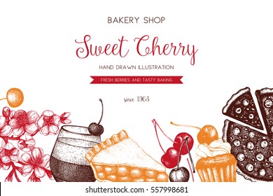 Vector menu design with ink hand drawn fruit and berry dessert illustration. Vintage template with traditional cherry cake, cupcake and pie sketch. Sweet bakery. 