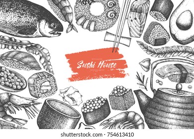 Vector menu design with ink hand drawn sushi illustration. Vintage template with traditional asian food sketch. Seafood frame on white background.