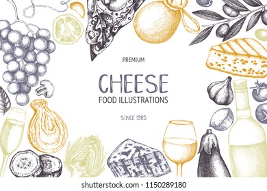 Vector menu design with italian food and drinks sketches. Hand drawn restaurant menu illustration. Vintage cheese, vegetables, wine background. Dairy products vintage template.