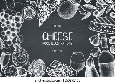 Vector menu design with italian food and drinks sketches. Hand drawn restaurant menu illustration. Vintage cheese, vegetables, wine background. Dairy products vintage template on chalkboard