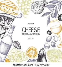 Vector menu design with italian food and drinks sketches. Hand drawn restaurant menu illustration. Vintage cheese, vegetables, wine background. Dairy products vintage template.