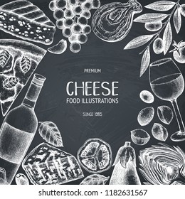 Vector menu design with italian food and drinks sketches. Hand drawn restaurant menu illustration. Vintage cheese, vegetables, wine background. Dairy products vintage template on chalkboard.