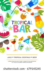 Vector menu design template for beach bar. Sun, palm leaves, watermelon and cocktails doodle illustration. Summer layout for banner, flyer, party invitation.