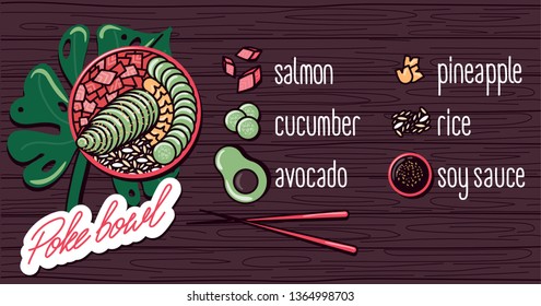 Vector menu of fish and seafood poke bowl on wooden background. Illustrations of a lunch of Hawaiian cuisine with lettering. Salmon, cucumber, pineapple, avocado, rice, soy sauce.