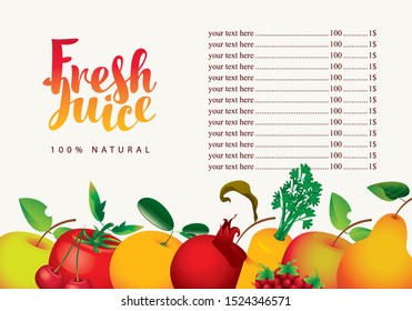 Vector menu for Fresh juice with various fruits, berries, vegetables, calligraphic inscription and price list on white background