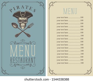 Vector menu for fresh seafood with hand-drawn human skull in pirate hat and crossed fork and spoon. Template of pirate menu with price list in frame with curls in retro style