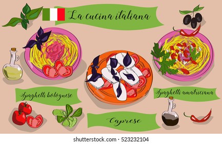 Vector menu of Italian dishes. Caprese, spagghetti bolognese, amatriciana. La cucina italiana.
