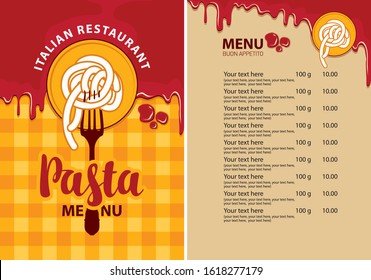 Vector Menu For Italian Restaurant With Pasta On A Fork, Price List And Ketchup Drops On The Background Of Checkered Tablecloth. Pasta Menu In Flat Style