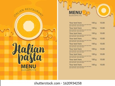 Vector menu for Italian restaurant with pasta on a plate and price list on the background of checkered tablecloth. Pasta menu in flat style