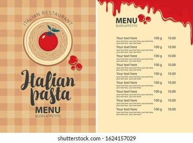 Vector menu for Italian restaurant with price list and calligraphic inscription in retro style. Pasta menu with pasta and tomato on a plate and ketchup drops on the background of checkered tablecloth