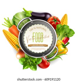 Vector menu pattern with vegetables (carrots, cabbage, basil, tomato, eggplant, corn, bok choy) with metal saucepan and round card for text