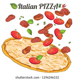 Vector menu, pizza with tomato, cheese, basil, salami on white background. Top view. Hand-drawn watercolor, line illustration sketch.