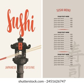 Vector menu and price with calligraphic inscription Sushi and chopsticks on light background with japanese stone lantern. Japanese cuisine. Hieroglyph Sushi.
