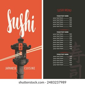 Vector menu and price with calligraphic inscription Sushi and chopsticks on red background with japanese stone lantern. Japanese cuisine. Hieroglyph Sushi.