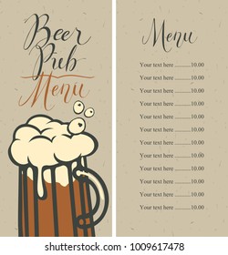 Vector menu with price list for beer pub with a handwritten inscriptions and a full glass of frothy beer on the background of old cardboard in retro style.