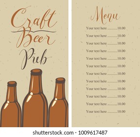 Vector menu with price list for pub with craft beer, with a handwritten inscriptions and a picture of three beer bottles on the background of old cardboard in retro style