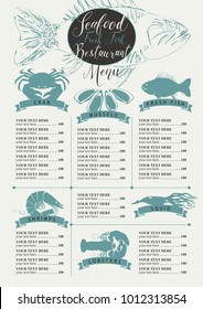 Vector menu with price list for a seafood restaurant with a picture of marine animals, fish and handwritten inscriptions in retro style