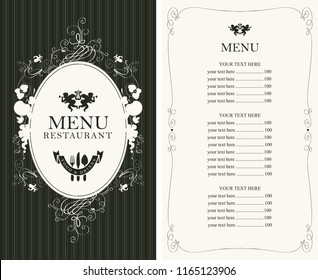 Vector menu for restaurant or cafe with floral ornaments and price list in Baroque style on striped background