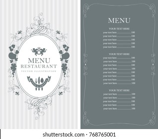 Vector menu for restaurant or cafe with floral ornaments and price list in Baroque style on striped background