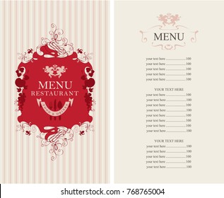 Vector menu for restaurant or cafe with floral ornaments and price list in Baroque style on striped background