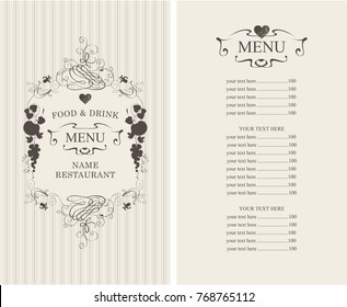 Vector menu for restaurant or cafe with floral ornaments and price list in Baroque style on striped background