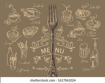 Vector menu for a restaurant or cafe with a fork, sketches of various dishes and handwritten inscriptions. Drawing chalk on the brown blackboard. Contour drawings in retro style