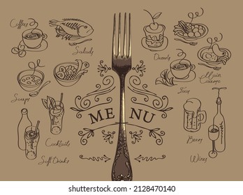 Menú vectorial para un restaurante o cafetería con tenedor, bocetos de varios platos e inscripciones escritas a mano sobre un fondo beige. Cuidados garabatos, dibujos de comida y bebida. Conjunto de elementos de diseño