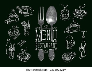 Menú vectorial para restaurante o cafetería con tenedor y cuchara, bocetos de varios platos e inscripciones manuscritas. Dibujando tiza en la pizarra. Dibujos de contorno en estilo retro. Conjunto de elementos de diseño