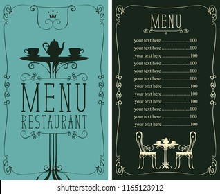 Vector menu for restaurant or cafe with a price list and a table for two, chairs and tea in a figured frame with curls in the art Deco style