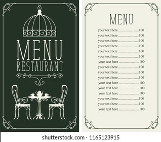 Vector menu for restaurant or cafe with a price list and a table, chairs and tea in a curly frame in the art Deco style