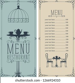Vector menu for restaurant or cafe with a price list and a table for two, chairs and tea in a figured frame with curls in the art Deco style