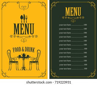 Vector menu for restaurant or cafe with a price list, cutlery and image of table, chairs and tea in a curly frame in the art Deco style