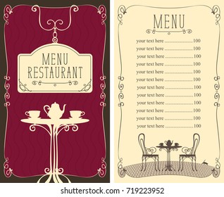 Vector menu for restaurant or cafe with a price list and image of a table with a kettle and cups in the curlicue frame in style art Deco.