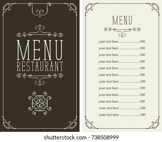 Vector menu for restaurant with curlicues and price list in curly frame in retro style