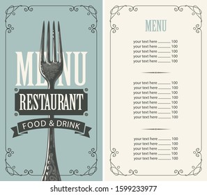 Vector menu for restaurant with hand-drawn fork and price list in figured frame with curls on a grey background in retro style
