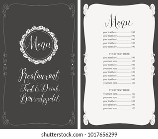 Vector menu for restaurant with handwritten inscriptions, curlicues and price list in curly frame in retro style