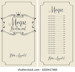 Vector menu for restaurant with handwritten inscriptions, crown, curlicues and price list in figured frame in retro style