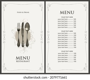 Menú vectorial para un restaurante con carta de precios de estilo retro. Plantilla de menú de comida y bebida decorada con una vieja y bonita cubertería realista e inscripciones en un marco con rizos en un fondo claro