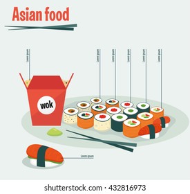 Vector menu rolls, sushi, noodles, sets. Asian food