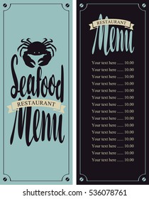 vector menu for seafood restaurant with a picture of crab and Price