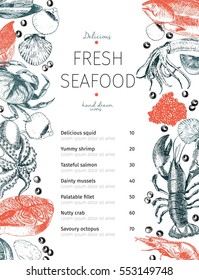 Vector menu for seafood restaurant. Template design for marine food bar and cafe. Hand drawn. Lobster, octopus, crab, salmon, shrimp, squid, clams. Use for branding, poster banner flyer 
