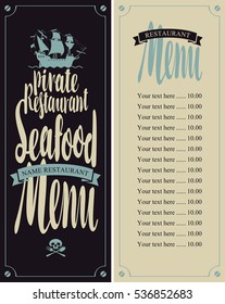 vector menu for seafood restaurants with pirate sailing frigate and Price