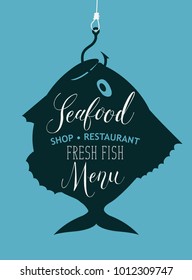 Vector menu for seafood shop or restaurant with the caught fish on the hook, handwritten inscription, and the words fresh fish on the blue background in retro style.