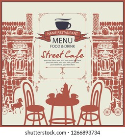 Vector menu for sidewalk street cafe with table and chairs on the background of old european town with place for text in retro style