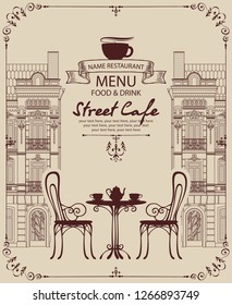 Vector menu for sidewalk street cafe with table and chairs on the background of old european town with place for text in retro style in frame with curls.